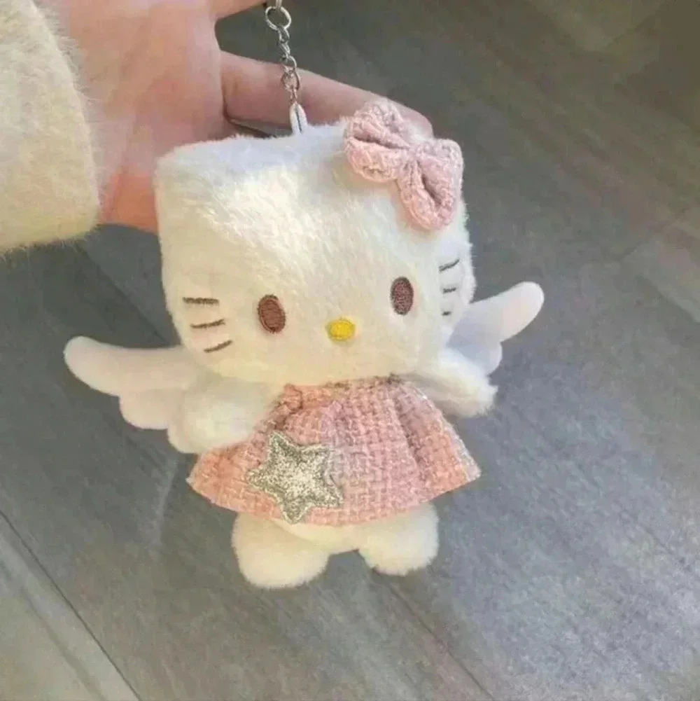 Hello kitty cute pink keychain plush wings bow white dress bag backpack womens